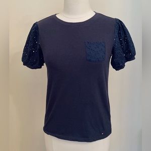 Tommy Hilfiger Dark Navy Eyelet Short Puff Sleeve Crew Neck Preppy Top Size S